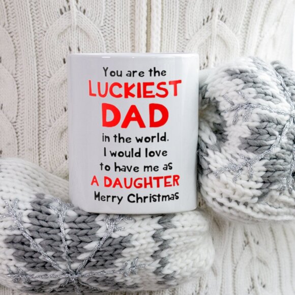 Funny Christmas Mug for Dad Luckiest Dad White Ceramic 11 oz Mug - Picture 2 of 4